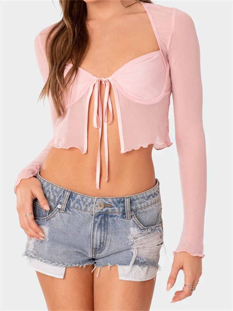 Women Sheer Mesh Shirts Solid Color Long Sleeve Cardigan Tie-up Crop Tops See Through Retro Cute Elegant Cropped Tee Chic Shirt
Women Sheer Mesh Shirts Solid Color Long Sleeve Cardigan Tie-up Crop Tops See Through Retro Cute Elegant Cropped Tee Chic Shirt