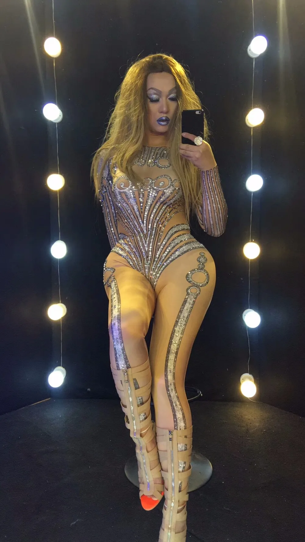 

Female Silver Rhinestones Elastic Skinny Nude Jumpsuit Party Stage Performance Tights Costume Bar Nightclub Singer Dancer Romper