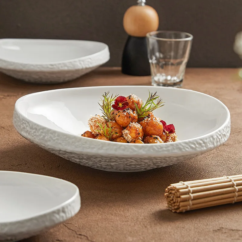 

Rock Pattern Salad Bowl Ceramic Dish Plate Soup Bowl Hotel Restaurant Light Luxury High-Grade White Special-Shaped Tableware