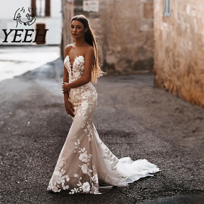 

YEEH Elegant Mermaid Wedding Dress Lace Appliques Bridal Gown Sweetheart Neckline Court Train Vestido De Noiva for Bride