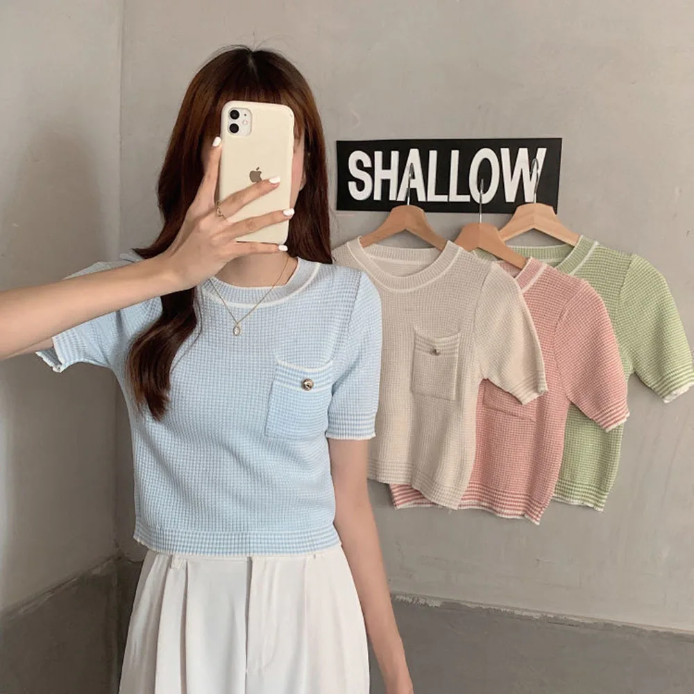Spring Summer Women Knit T-Shirts Short Sleeve Casual Small Fragrance Wind Knitwear Tops Female Slim Knit Tee Crop Tops Woman
Spring Summer Women Knit T-Shirts Short Sleeve Casual Small Fragrance Wind Knitwear Tops Female Slim Knit Tee Crop Tops Woman