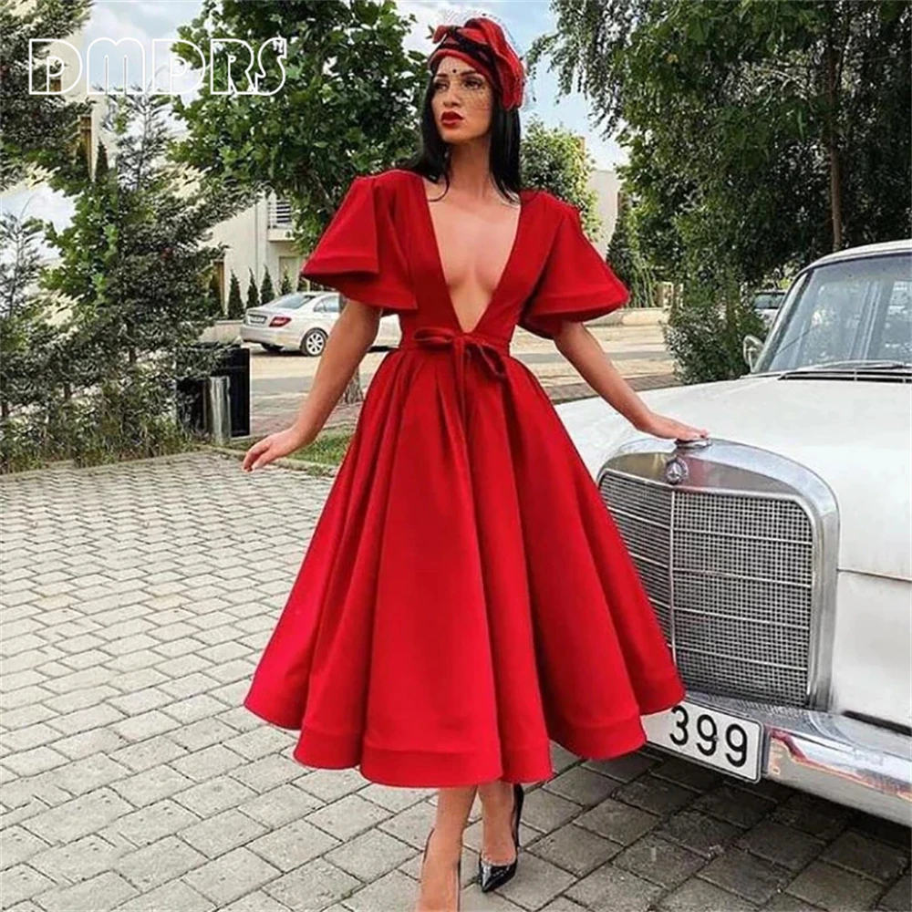 

Sexy Deep V Neck Cocktail Dress For Women Dinner Prom Dresses With Short Flare Sleeves Satin Solid Party Gown
