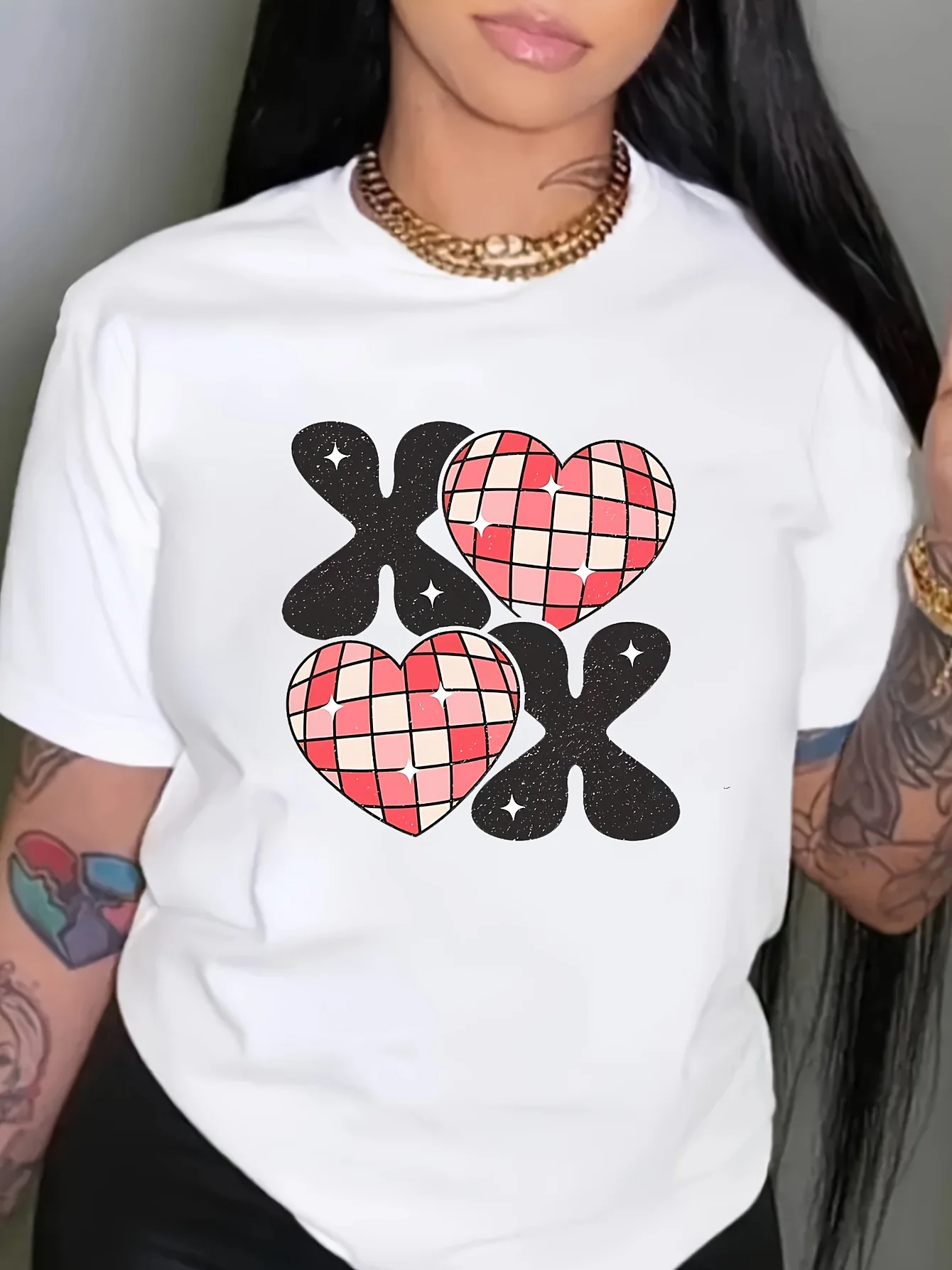 

Xoxo & Heart Print T-shirt, Casual Crew Neck Short Sleeve Top For Spring & Summer, Women's Clothing, Valentine's Day