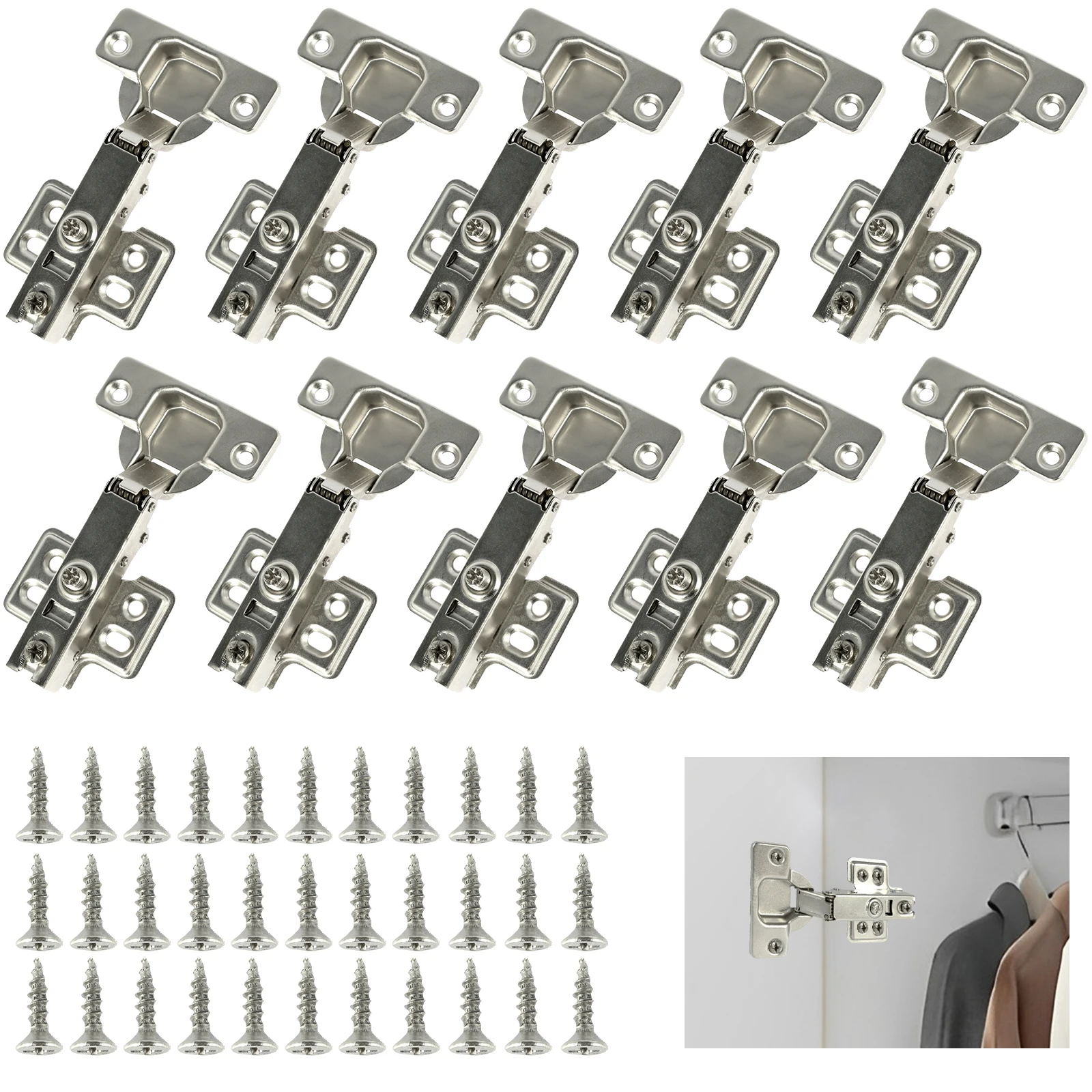 

10Pcs Cupboard Hinges Full Overlay Mute Cabinet Door Hinges Set with Screws Cold Rolled Steel Soft Close Hinges 95°-105° Opening