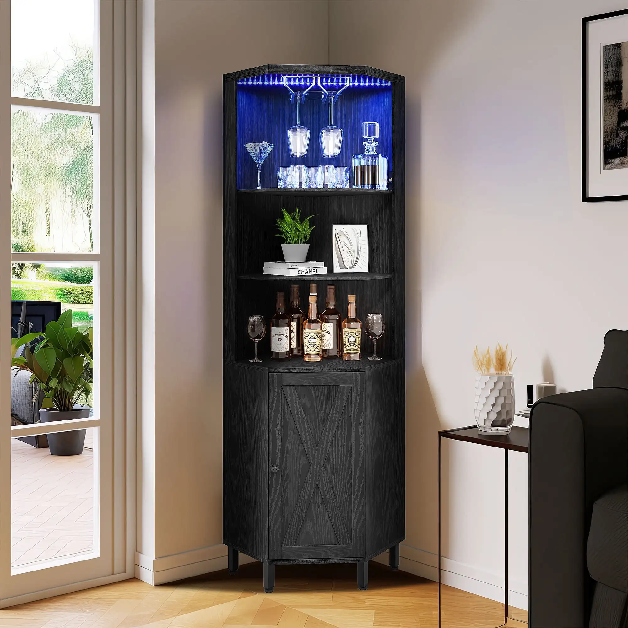 5 Tier Corner Bar Cabinet with LED Lights & Glass Holder, Wine Rack Display Storage Shelves with Door and Shelves, Black
5 Tier Corner Bar Cabinet with LED Lights & Glass Holder, Wine Rack Display Storage Shelves with Door and Shelves, Black