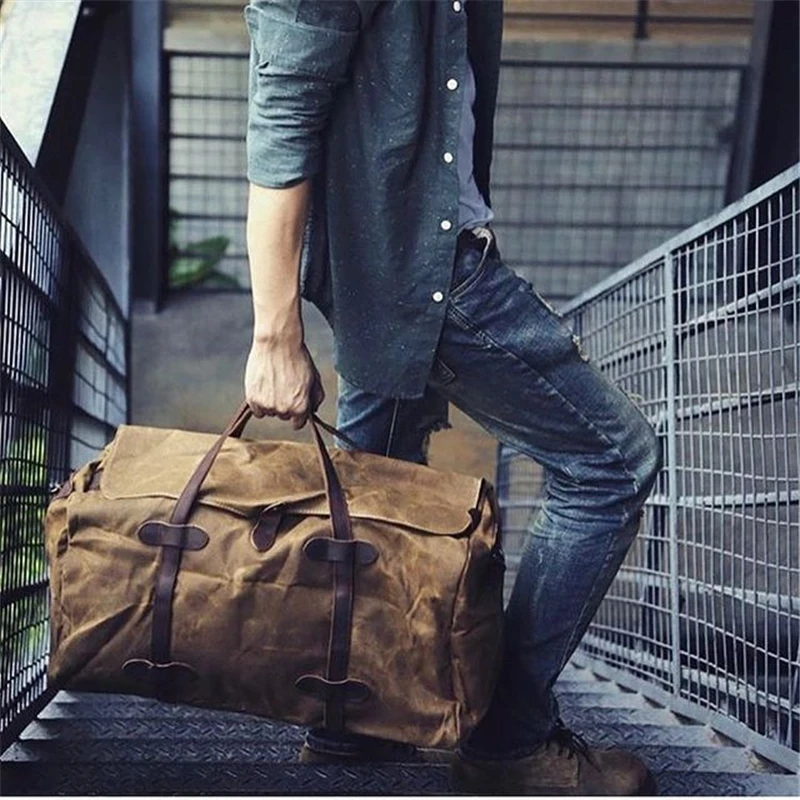 

Waxed Canvas Travel Duffle Bag Large Capacity Wateproof Travel Weekend Bag Vintage Style Men Business Trip Duffel Tote Bag