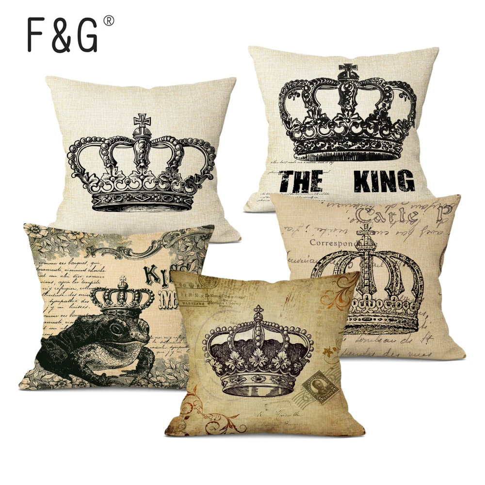 

Retro Home Decorative Linen Cushion Cover Crown Black White Green Throw Pillow Case King Queen Letter Pillowcase