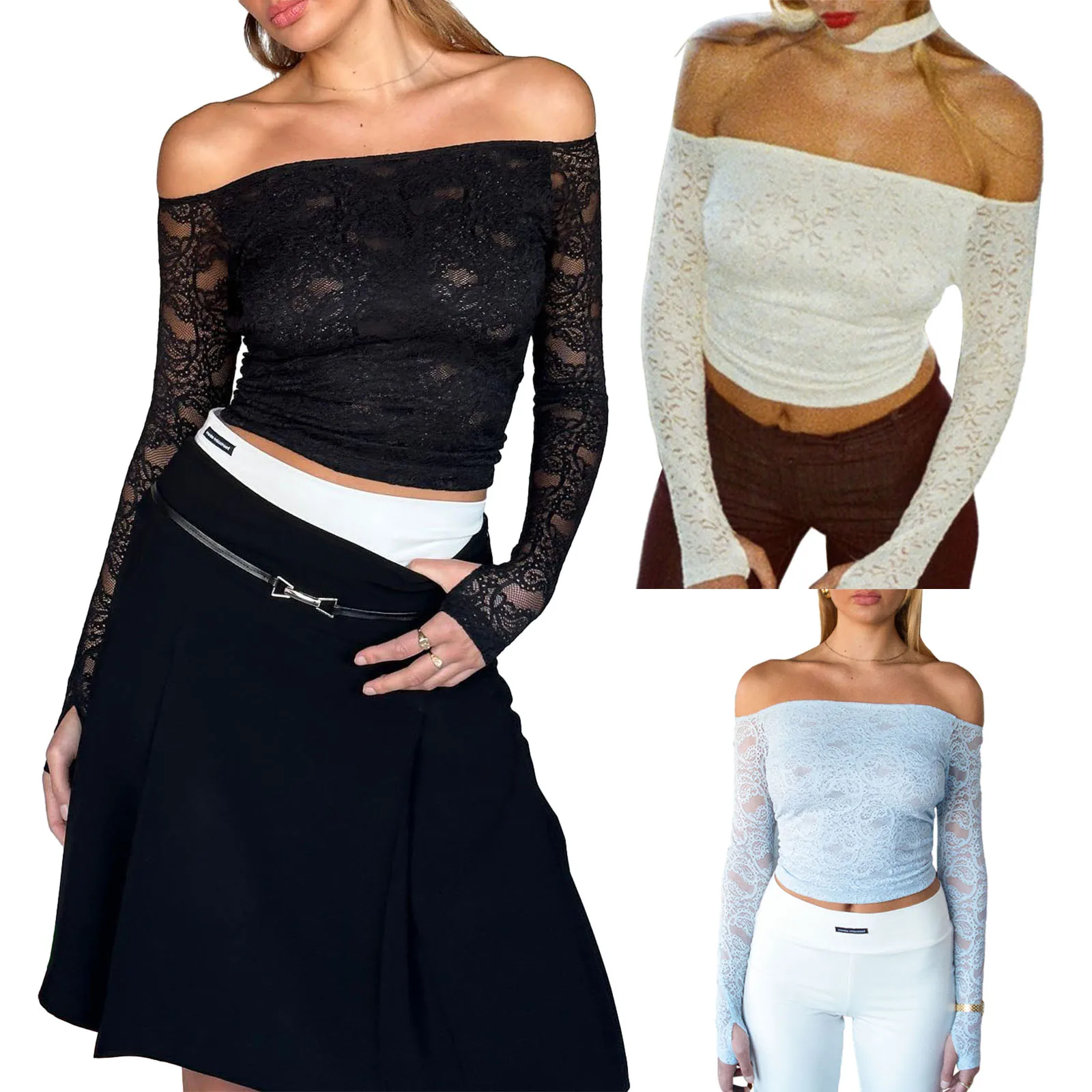 

Women Lace Sheer T-shirt Long Sleeve Off-shoulder Tops Backless Slim Fit Lace Tops Clubwear Tshirt 2000s Streetwear