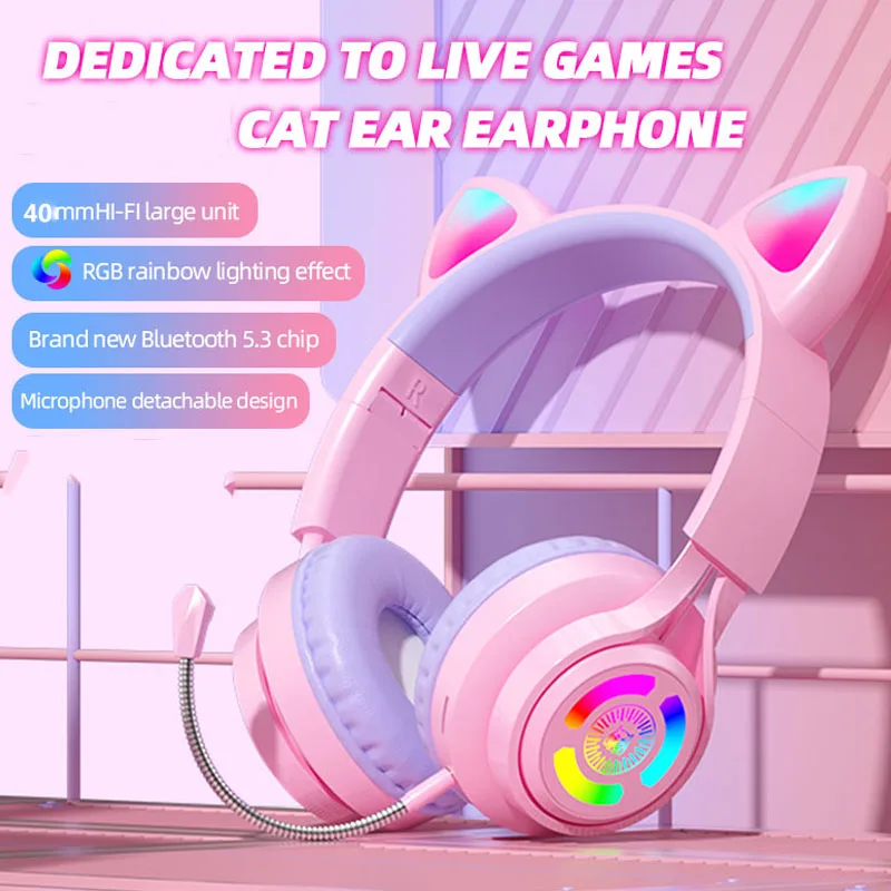Симпатичные наушники с кошачьими ушками с RGB светодиодной подсветкой, Bluetooth, Беспроводная игровая гарнитура для ПК, hi-fi музыка для фотографий, подарки
Симпатичные наушники с кошачьими ушками с RGB светодиодной подсветкой, Bluetooth, Беспроводная игровая гарнитура для ПК, hi-fi музыка для фотографий, подарки