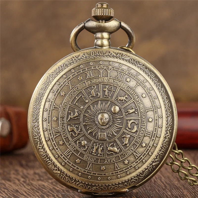 

Bronze Engraved Constellation Full Hunter Antique Quartz Pocket Watch for Men Women Necklace Pendant Chain Collectable Timepiece