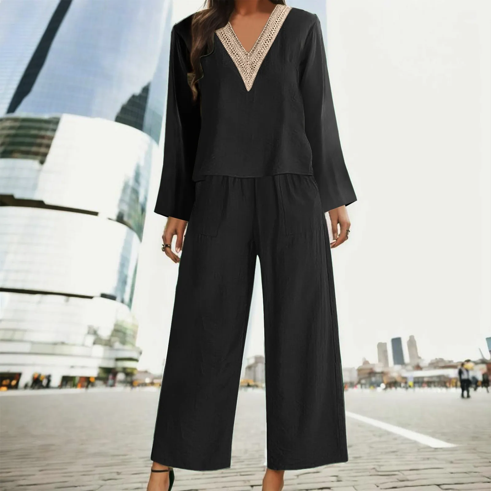 Женский однотонный комплект из двух предметов из хлопка и льна с V-образным вырезом и длинными рукавами 
Женский однотонный комплект из двух предметов из хлопка и льна с V-образным вырезом и длинными рукавами