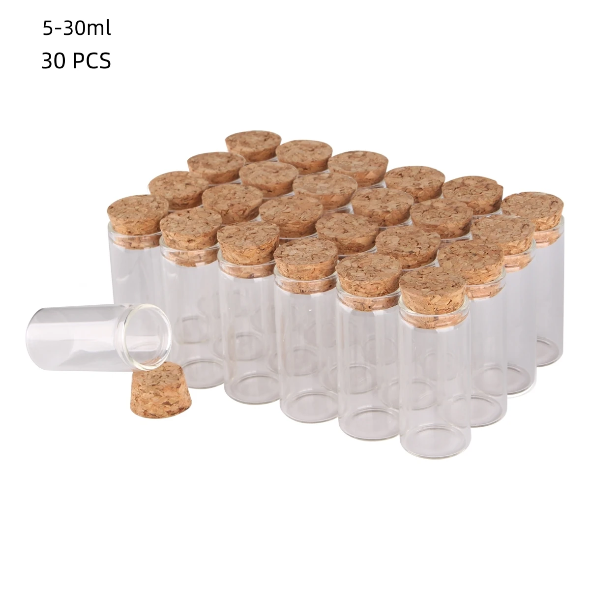 

30pcs/lot 5ml 7ml 10ml 15ml 20ml 25ml 30ml Glass Test Tube with Cork Stopper Message Bottles Jars Vials Gift Art DIY Crafts