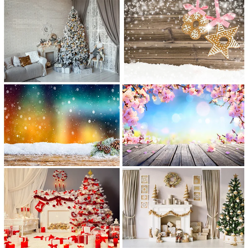 

Christmas Day Presents Flower Wreath Photography Backrops Window Gift Pine Tree Fireplace New Year Theme Photo Background DRG-14