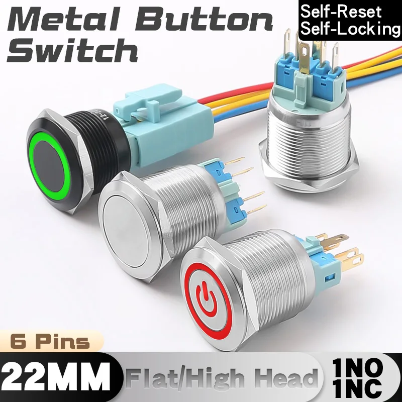 22MM Metal Button Switch 6Pins Flat/High Head With Connector Ring/Power Symbol Light Self-Reset Latching 1NO1NC Red Green
22MM Metal Button Switch 6Pins Flat/High Head With Connector Ring/Power Symbol Light Self-Reset Latching 1NO1NC Red Green