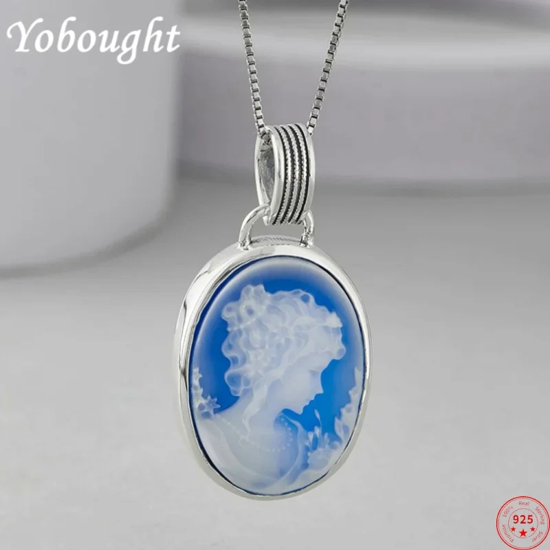 

S925 sterling silver charms pendants for women men new fashion oval blue agate GIRL'S head sculpture jewelry free shipping