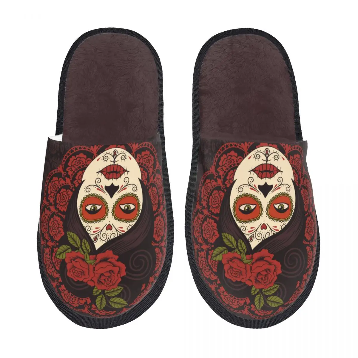 

Пушистые тапочки мексиканский череп Девушка Открытый носок плюшевая пена скользящая обувь