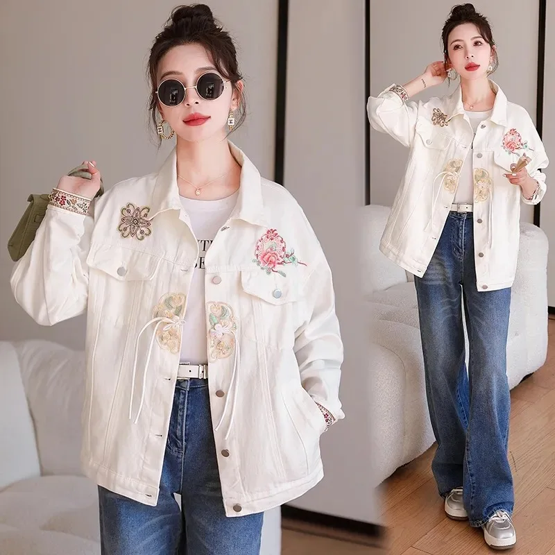 

New Chinese Style Vertical Lapel Tassel Buckle Denim Jacket Women 2024 Spring National Wind Tang Suit Embroidered Jeans Coat