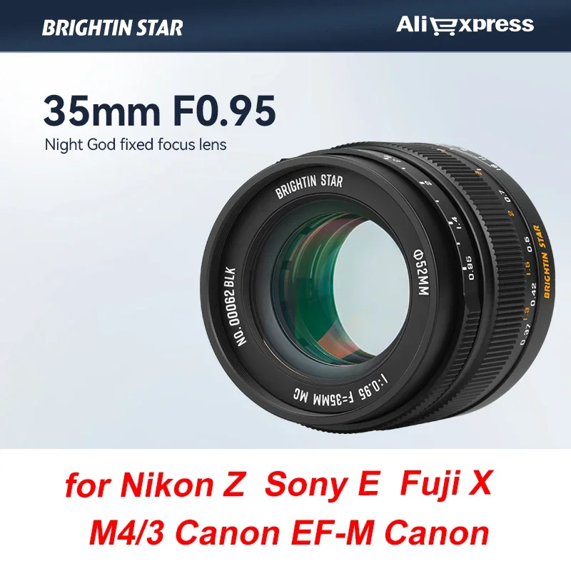 

Brightin Star 35mm F0.95 APS-C Manual Focus DSLR Mirrorless Camera Lens Fit for Nikon Z Sony E Fujifilm Fuji X Canon EF-M M4/3