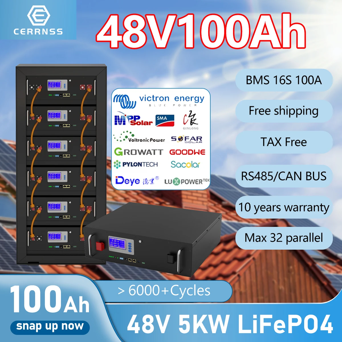 

48V 5KW 100AH LiFePO4 Battery Pack Lithium Solar Battery 6000+ Cycles RS485 CAN 16S 100A BMS Max 32 Parallel For Inverter NO TAX