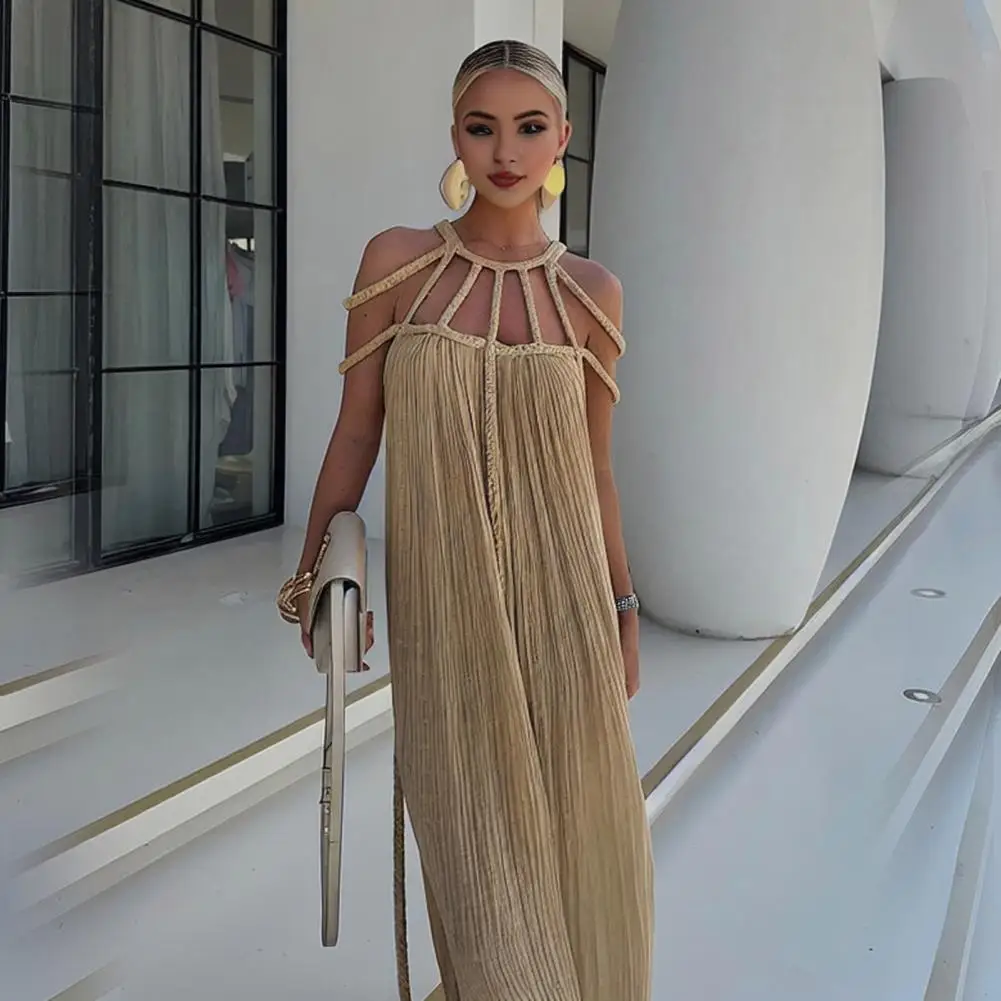 

Women Maxi Dress Elegant Off Shoulder Maxi Dress with Braided Straps for Women Solid Color Vacation Beach Sundress with Pleated