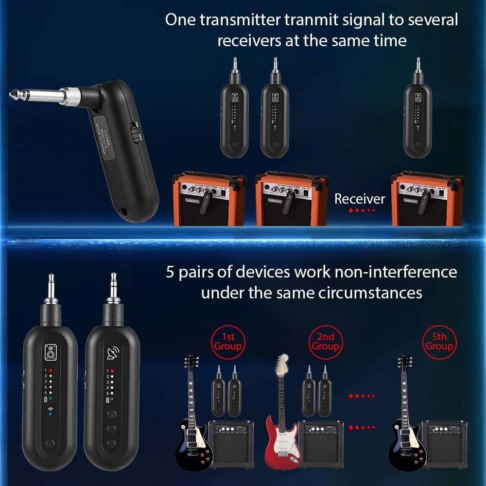 

Wireless Guitar System Rechargeable Guitar Transmitter Receiver Set UHF 20HZ-20KHz Real-time Transmission Frequency Response