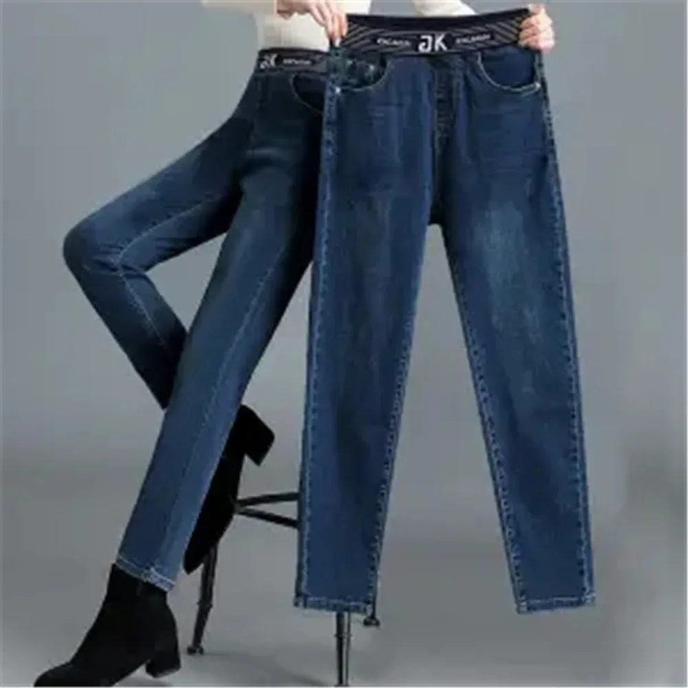 

Autumn And Winter Long Pants High Waisted Elastic Harlan Mom Jeans Women'S Loose Straight Leg Middle-Aged Elastic Waist