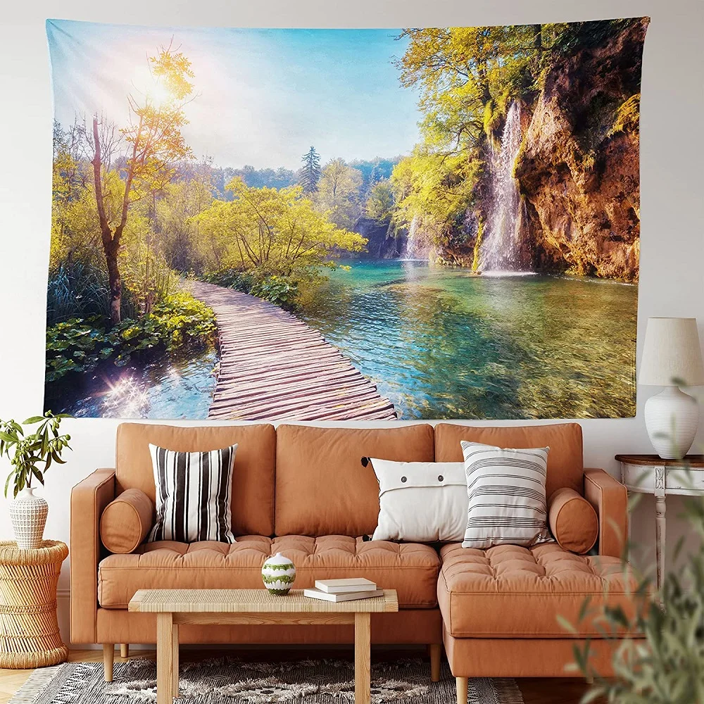 

Nature Scenery Tapestry Blue Green Lake Autumn Scape Waterfall Flowing Tapestries Bedroom Living Room Dorm Wall Hanging Blanket