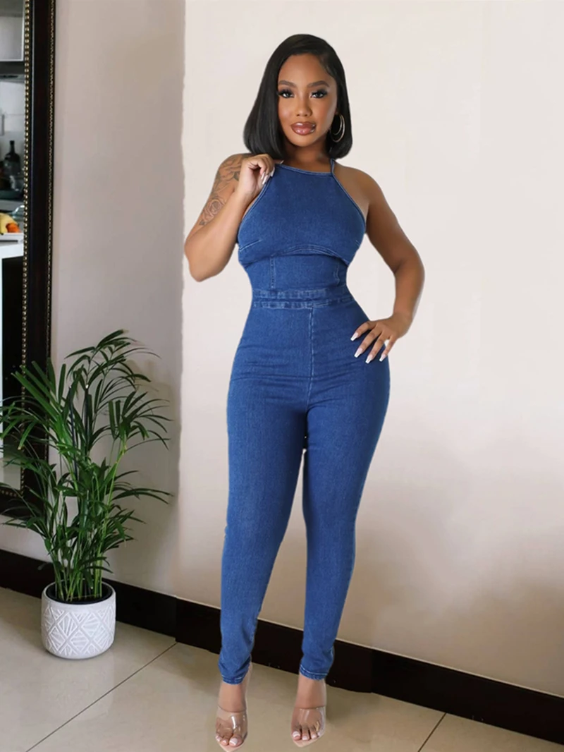 

Club Outfit for Women Summer Clothes Denim Jumpsuit Women Sleeveless Backless Bandage Jean Rompers Playsuits One Pieces Overalls