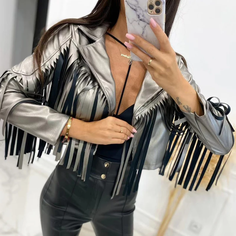 High Street Sexy Splicing Tassel PU Jacket Women Spring Lapel Neck Short Top Cardigan Fall Long Sleeve Solid Office Coat Outwear
High Street Sexy Splicing Tassel PU Jacket Women Spring Lapel Neck Short Top Cardigan Fall Long Sleeve Solid Office Coat Outwear
