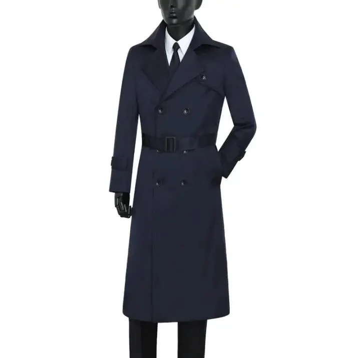 

Mens trench coats belt blue spring autumn man double breasted long coat men clothes casual slim fit overcoat sleeve 9XL