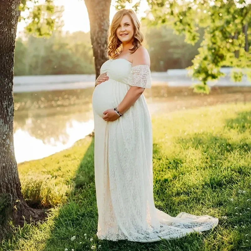 

Pregnant Women Off Shoulder Ruffle Sleeve Lace Maternity Gown Maxi Photography Dress Elegant Pregnancy Dresses for Photo Shoot