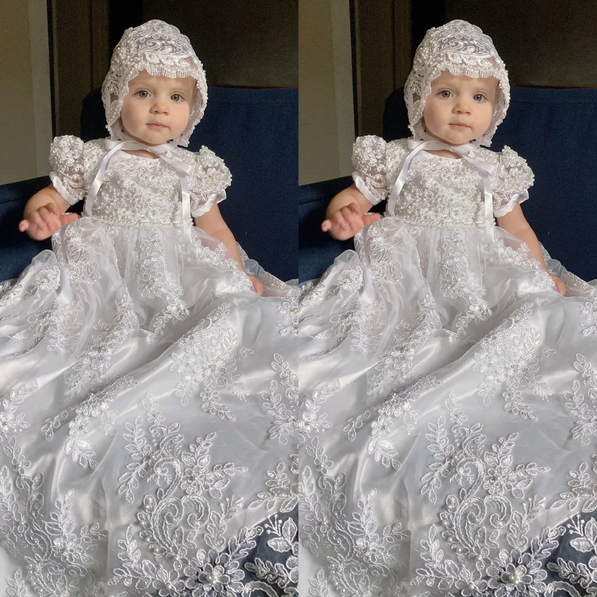 

Lace Christening Gowns for Baby Short Sleeve First Communion Dress Infant Toddler Girls Baptism Dresses With Bonnet Photography