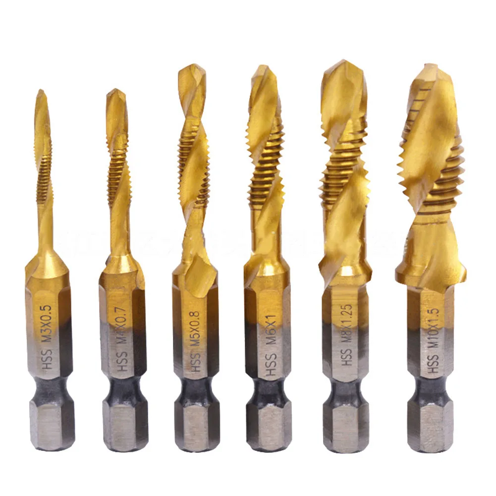 6pcs Hex Shank Titanium Plated HSS Screw Thread Metric Drill Bits Screw Machine Compound Tap M3 M4 M5 M6 M8 M10 Hand Tools
6pcs Hex Shank Titanium Plated HSS Screw Thread Metric Drill Bits Screw Machine Compound Tap M3 M4 M5 M6 M8 M10 Hand Tools