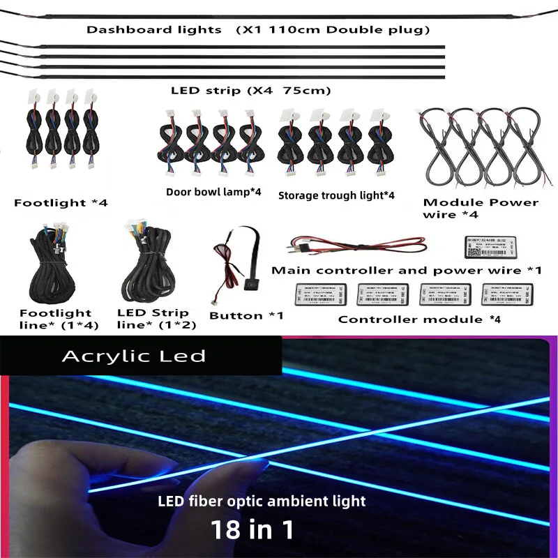 Universal 18 In 1 car interior decoration lights LED Car Ambient Lights RBG 64 Color Acrylic Strip Light Guide Fiber Optics
Universal 18 In 1 car interior decoration lights LED Car Ambient Lights RBG 64 Color Acrylic Strip Light Guide Fiber Optics