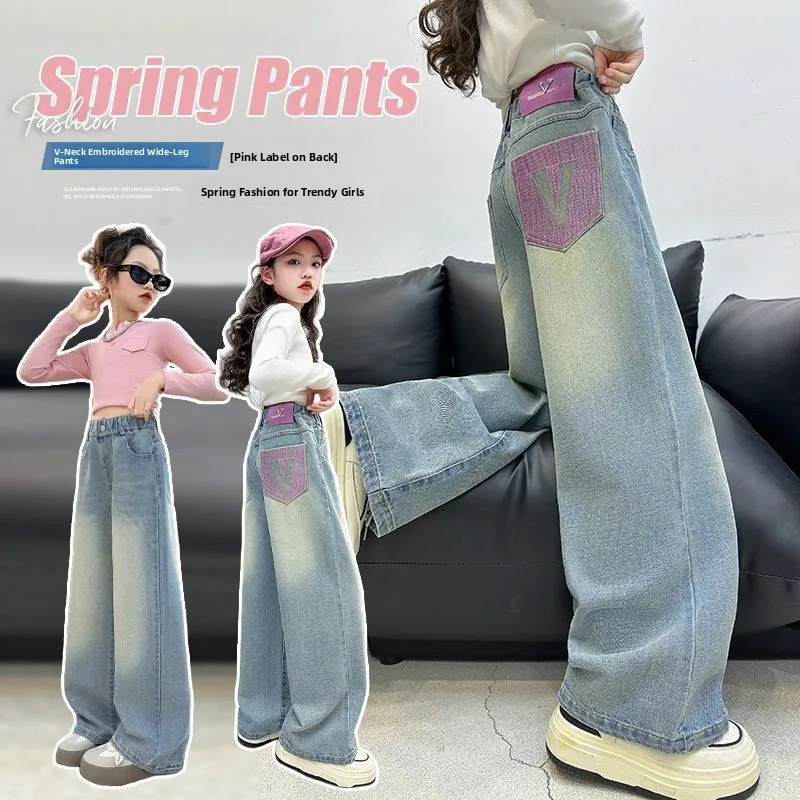 بنطلون جينز واسع الساق للفتيات بخصر مرتفع وطويل، ملابس أطفال عصرية متعددة الاستخدامات لفصل الخريف من ماركة يو بيجيا مع حزام مطرز بنطلون جينز واسع الساق للفتيات بخصر مرتفع وطويل، ملابس أطفال عصرية متعددة الاستخدامات لفصل الخريف من ماركة يو بيجيا مع حزام مطرز