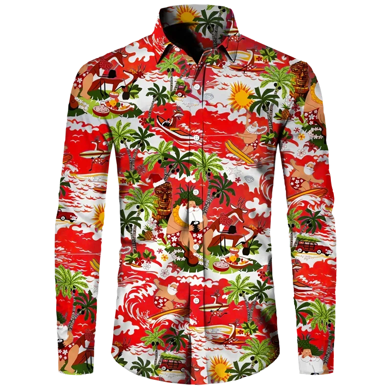 

Long Sleeve Hawaiian Shirts Men Fashion Shirt Christmas Aloha Cuba Beach Blouse Turn Over Collar Camisas Gifts Shirts Holiday