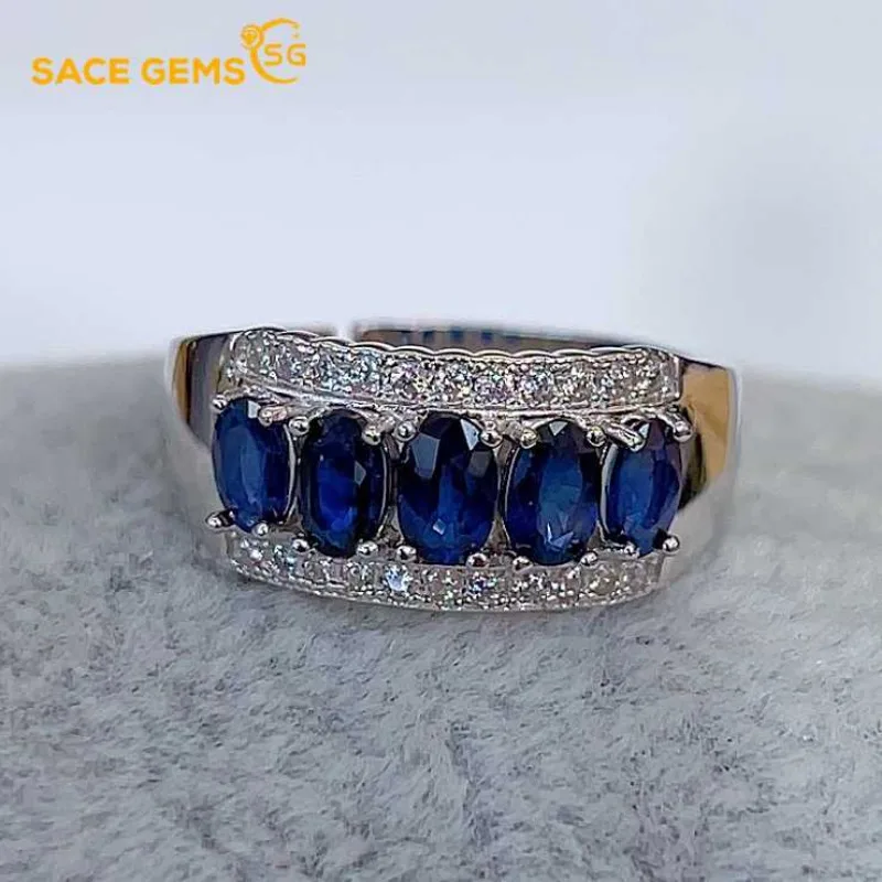 

SACE GEMS New 925 Sterling Silver Certified 3*5MM Natual Sapphire Rings for Women Engagement Cocktail Party Fine Jewelry Gift