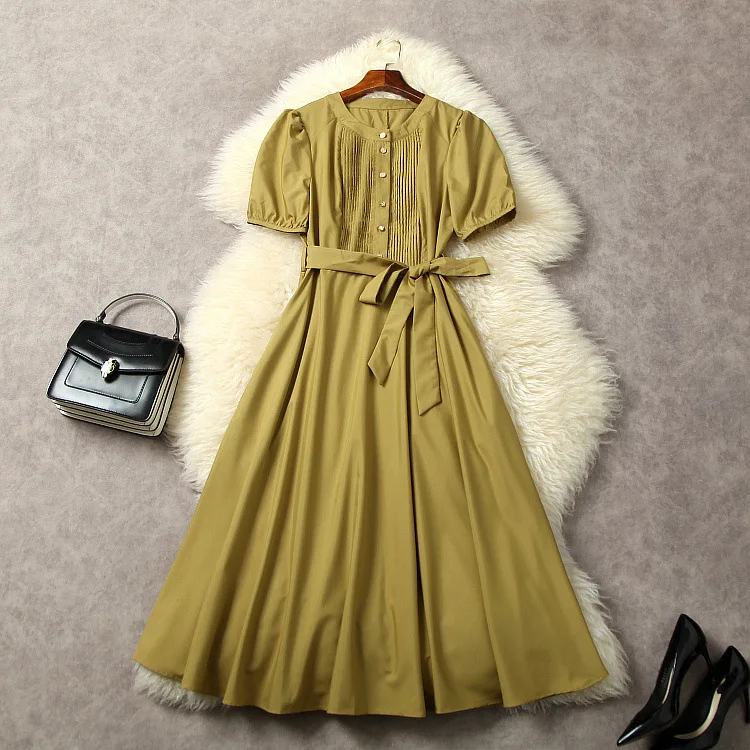 European and American women's clothes 2023 summer new Round neck and short sleeves Fashion belt Pleated Dress
European and American women's clothes 2023 summer new Round neck and short sleeves Fashion belt Pleated Dress