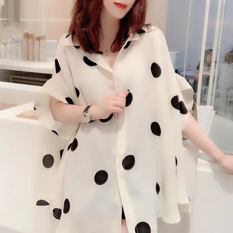 

Summer Chiffon Thin Oversize Short Sleeve Polka Dot Women Casual Shirts Elegant Comfortable Silky Loose Straight Female Clothing