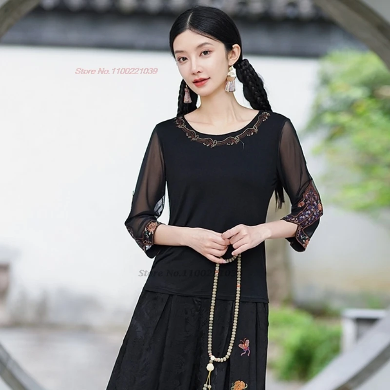 

2024 chinese traditional o-neck folk shirt national flower embroidery vintage shirt hanfu tops oriental mesh sleeve base shirt