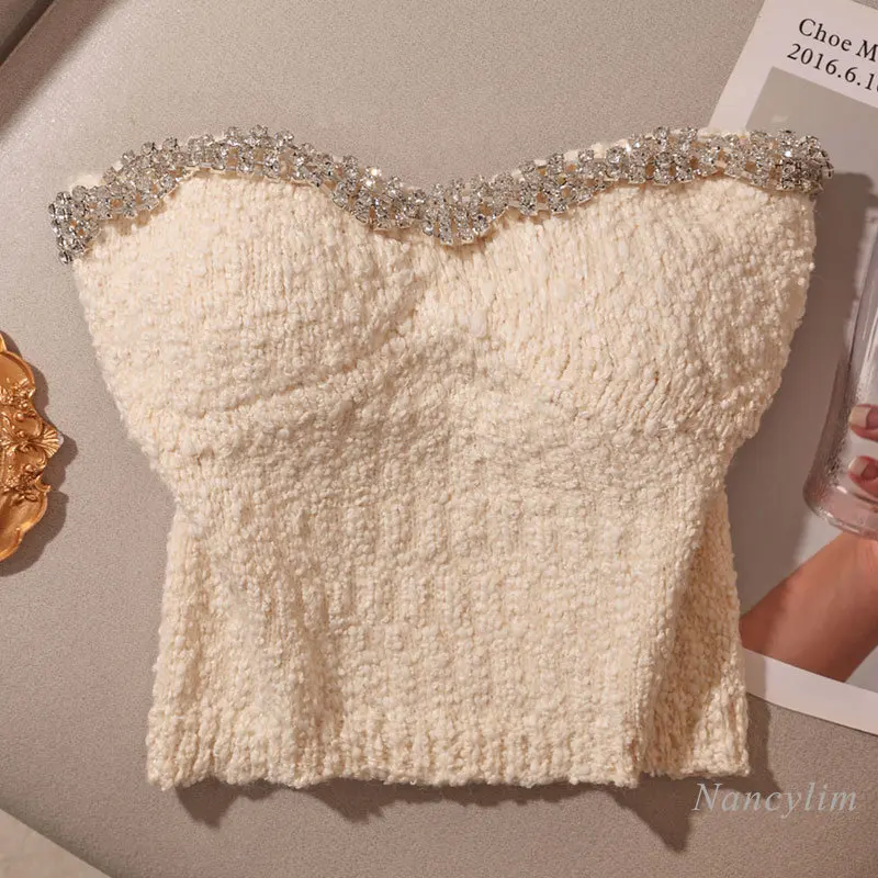 

French Entry Lux Exquisite Rhinestone Knitted Tube Top Women's Summer Fall Outer Wear Inner Wear Chic Tops Fashion Tank 2024