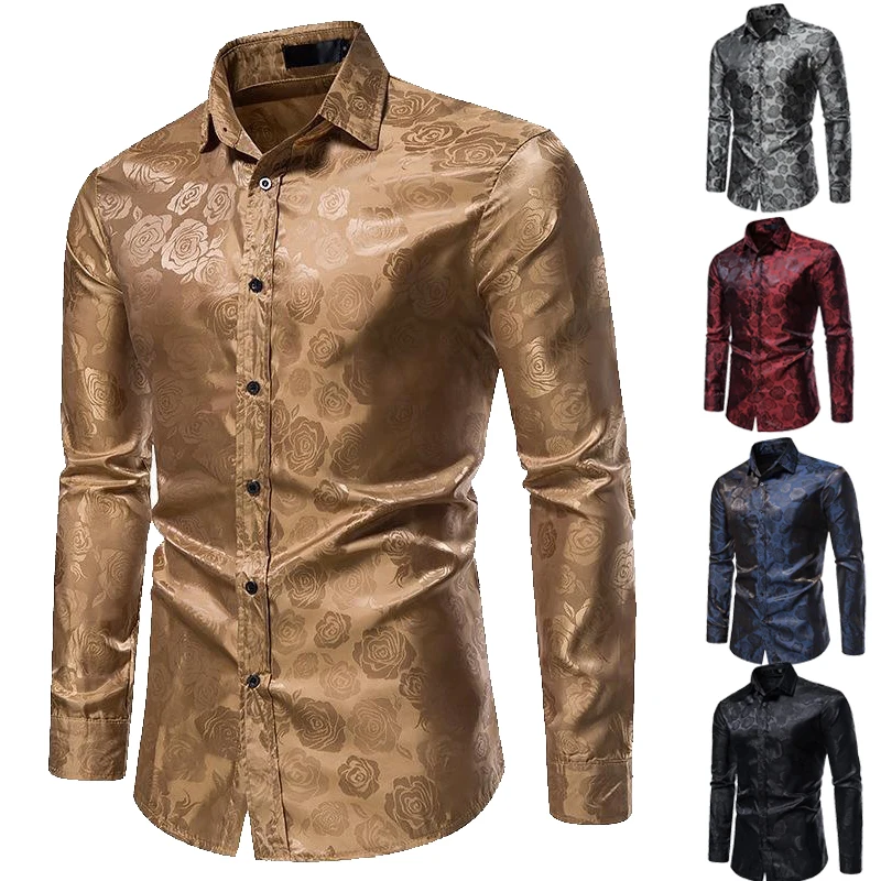 Fashion Mens Shirt Long Sleeve Gold Print Rose Slim Fit Single Breast Banquet Social Shirt Men Dress camisas de hombre
Fashion Mens Shirt Long Sleeve Gold Print Rose Slim Fit Single Breast Banquet Social Shirt Men Dress camisas de hombre
