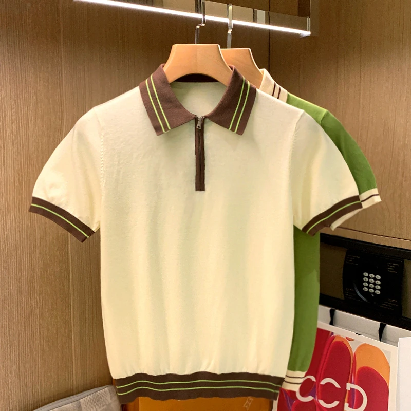 

2024 Summer New Men's Knitted Polos Shirt Men Lapel Zipper Fashion Color Stripe Tops Knit Casual Short Sleeve T-shirts C27