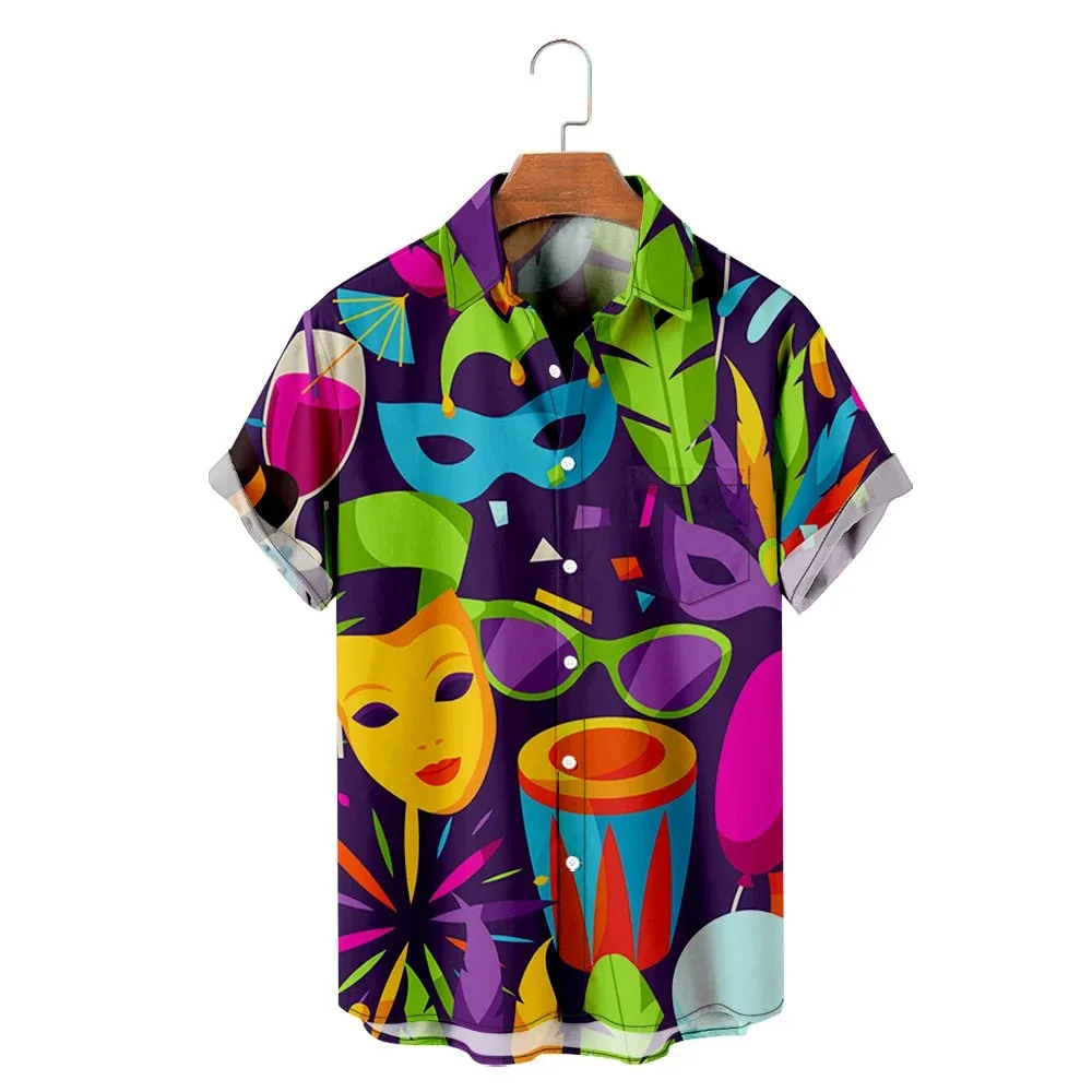 

Mardi Gras Carnival 2024 New Short Sleeve Shirt Men Women Beach Button-up Pocket Shirts Stylish 3D Clothes
