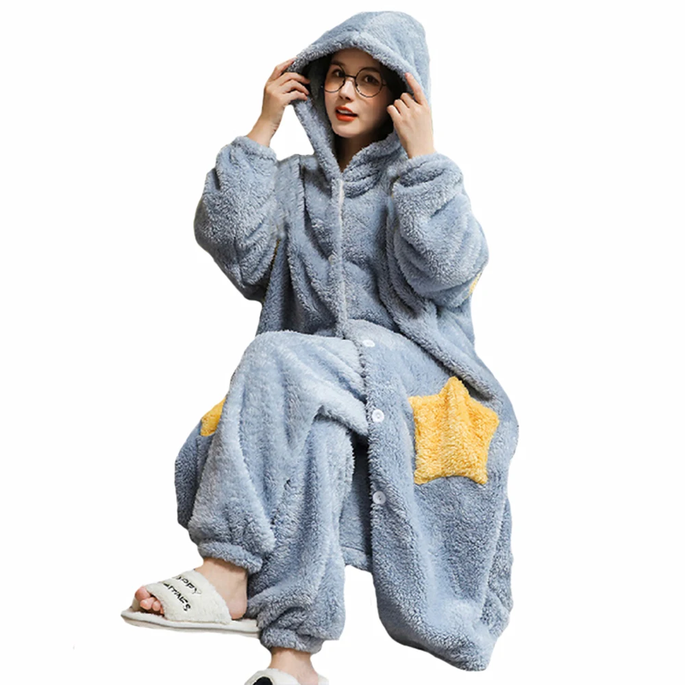 

Women's Winter Thick Warm Flannel Pajamas Set Coral Fleece Nightgown Suit Girl Sleepwear Long Robes Homewear Hooded Bathrobes