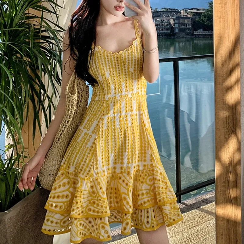 

Yellow Flora Embroidery Women Dress Bodycon Spaghetti Strap Hollow Out Clothing Ladies Summer Vacation Vestido Vintage