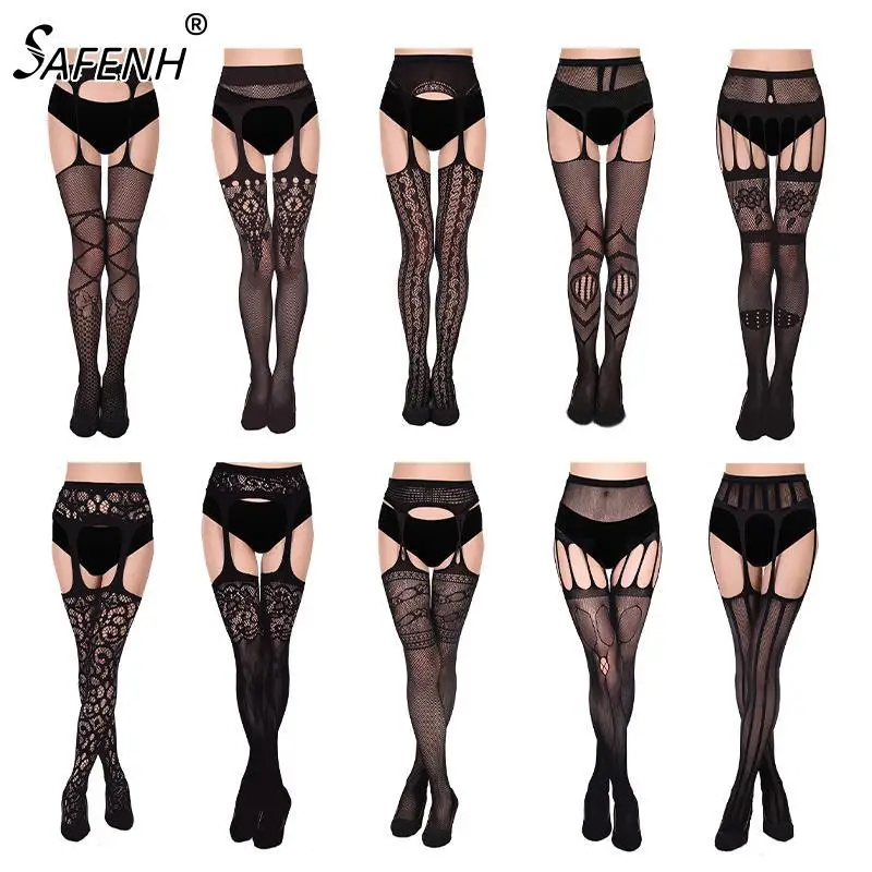 

Women Sexy Body Stocking Lace Soft Top Thigh High Stockings+ Suspender Garter Belt For Women Fishnet Pantyhose Thigh High Socks