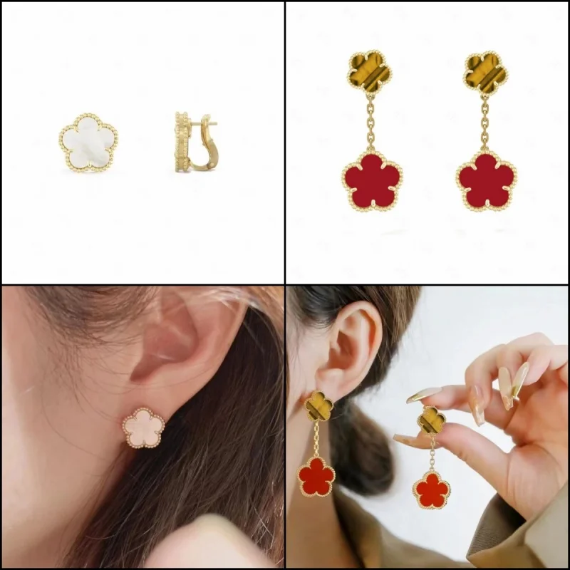 

2024 New Plating 18K Gold Red Agate Earrings Clip S925 Silver Women White Fritillary Stud Earring Men Fine Jewelry Gift