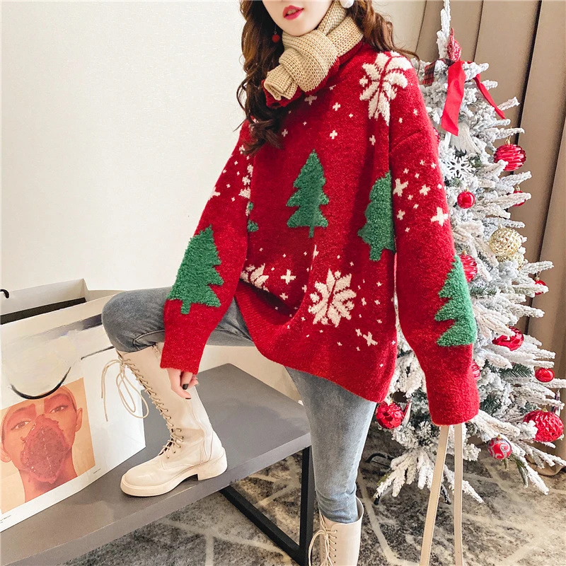 

Рождественский свитер EBAIHUI, новинка, утепленный красный женский вязаный осенне-зимний Свободный пуловер с круглым вырезом и длинным рукавом для дам