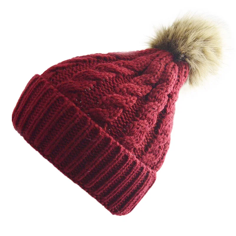 

Faux Fur Pom Pom Beanie Hat for Women Cable Knitted Winter Hats Female Cap Warm Skullies Gorros Wine Red Black Tan Dusty Pink